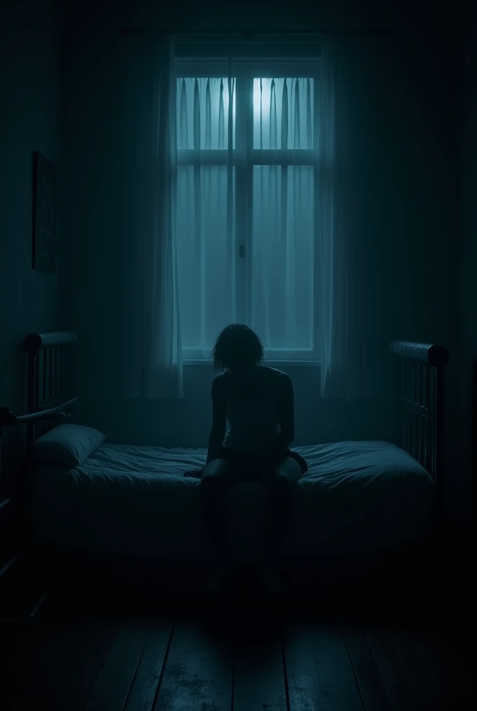 a horror night, i am sitting on a bed in dark room