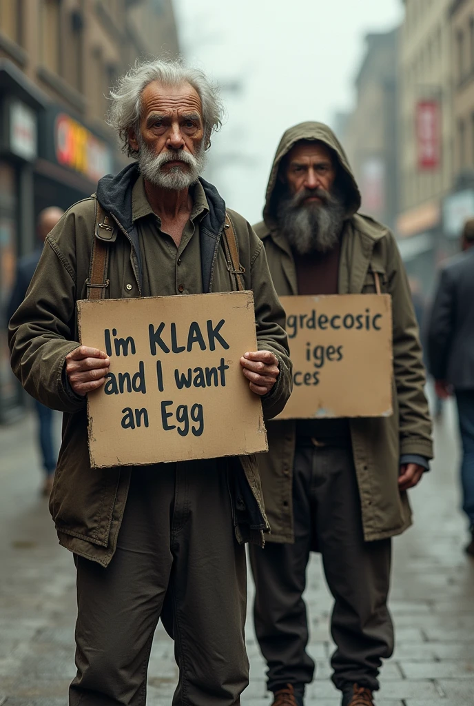 A vagrant holding a sign that says "I'm Klak and I want an egg" Behind another holding a sign that says:
