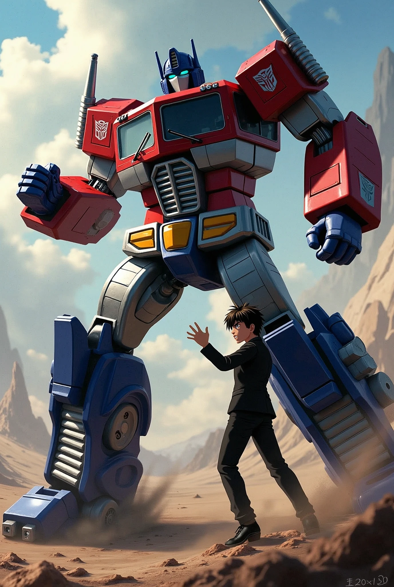 Optimus Prime, giant robot, punching Kirito, anime character, Kirito injured, blood, pain, facial expression, dramatic action scene, cinematic lighting, epic scale, dynamic composition, mecha, science fiction, concept art style, highly detailed, 8k, photorealistic