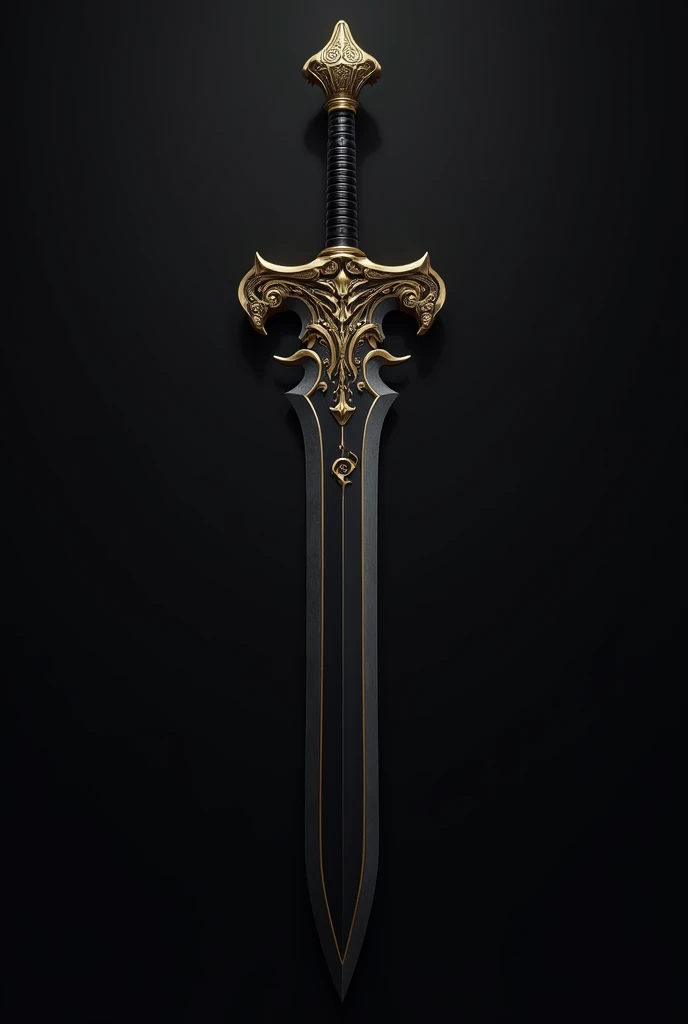 Sword with solid pure black slightly jagged at the tip of the blade and cool unique hilt golden