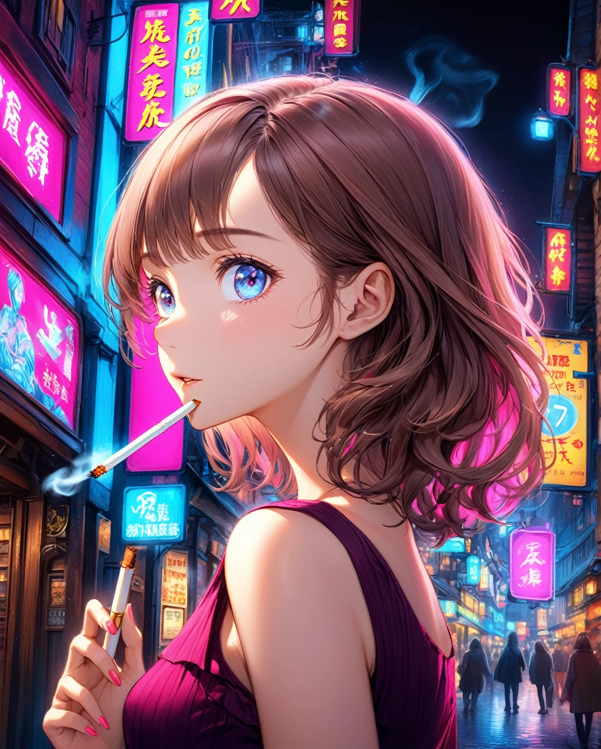 ((Highest quality,8k,32K,masterpiece,Ultra-high resolution :1.2 ),born,one person,Super cute,Natural light,Clear, shining eyes,20-year-old,Fair skin,Fantastic night city electronic world fantasy background,Brown Hair,Mature woman,Smoking a cigarette,liquor,pub,Shortcuts, Neon signboard, Fluorescent pink and fluorescent blue background,Fine to the smallest detail,The level of detail in the background is top-notch.,Fantastic Background,unrealistic,Background beauty,Artistic