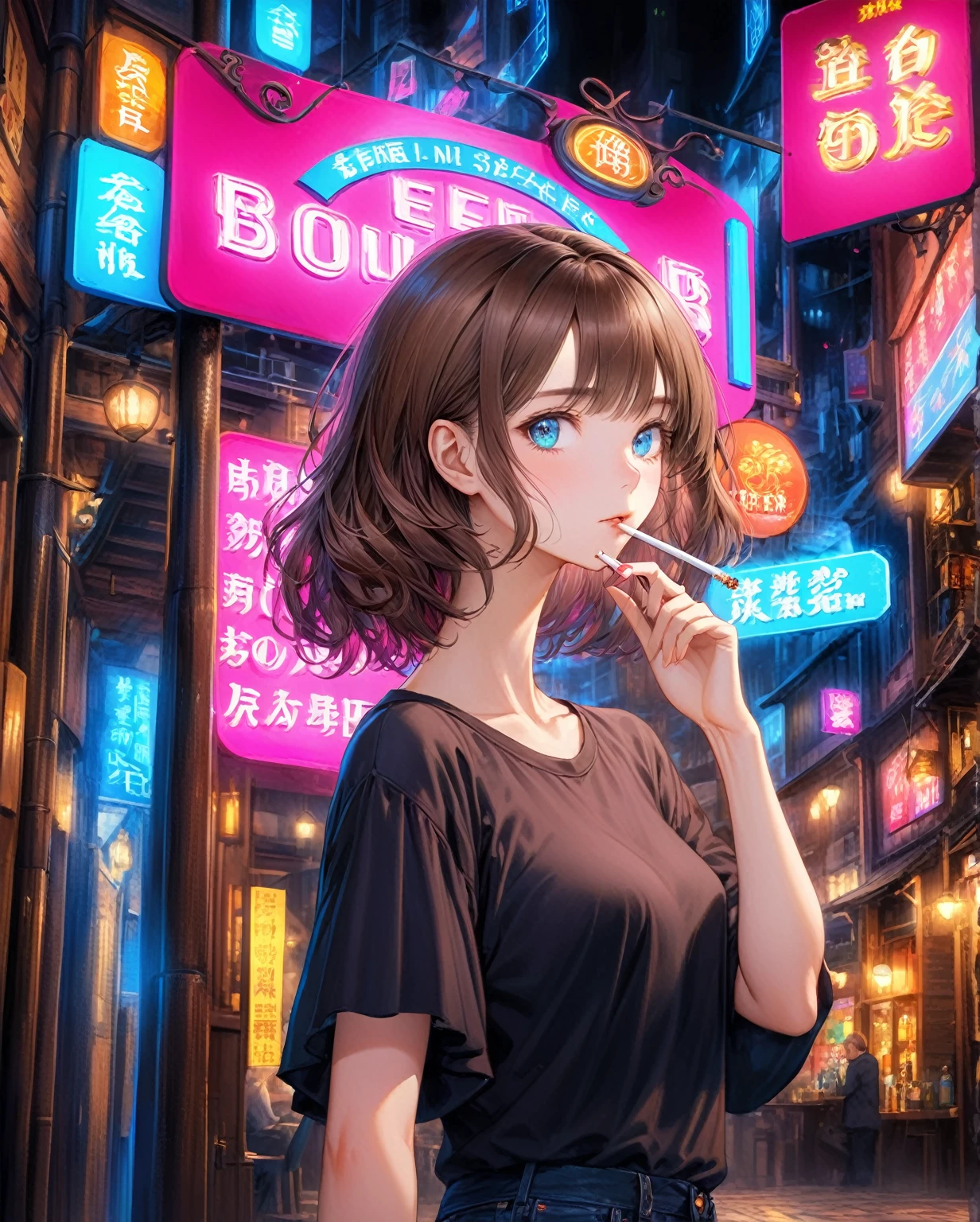 ((Highest quality,8k,32K,masterpiece,Ultra-high resolution :1.2 ),born,one person,Super cute,Natural light,Clear, shining eyes,20-year-old,Fair skin,Fantastic night city electronic world fantasy background,Brown Hair,Mature woman,Smoking a cigarette,liquor,pub,Shortcuts, Neon signboard, Fluorescent pink and fluorescent blue background,Fine to the smallest detail,The level of detail in the background is top-notch.,Fantastic Background,unrealistic,Background beauty,Artistic