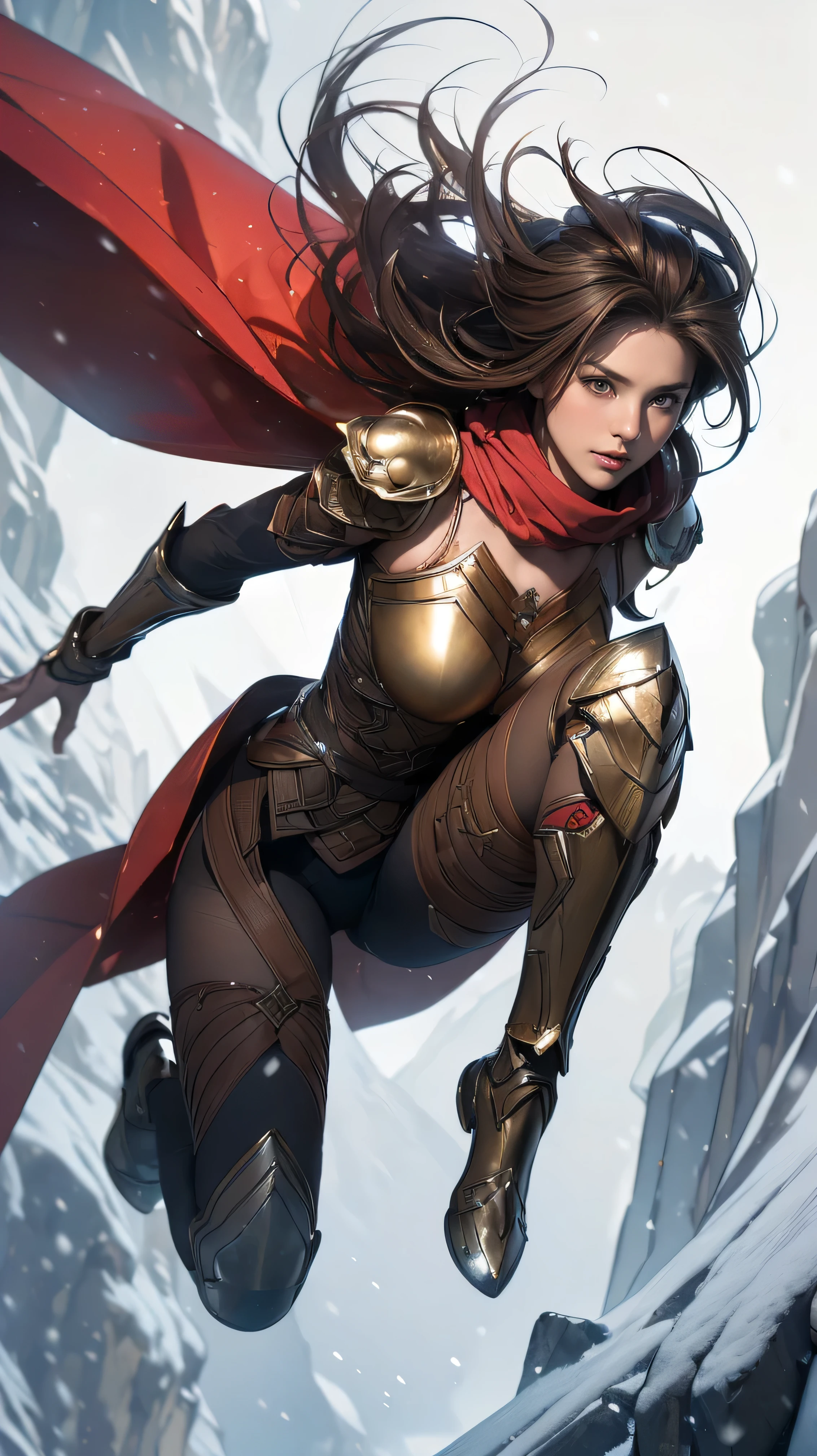 ((Highest quality,4K,High resolution,masterpiece:1.2)),((Character Concept Art)), 1 female, 20-year-old women, ((Shoulder-length brown hair、Hair curled loosely inwards)), (Skin as white as snow), Very detailed eyes (Brown Eye Color), have confidence, beautiful, slim body build, Big Breasts、((Intricate details)), Very finely crafted needles, Very finely crafted fingers(((10 fingers))),(Full-body showcase), (Show whole body),A shy smile、portrait of a woman warrior, rpg portrait concept art, (beautiful warrior, holding short sword and small shield, Wearing a red scarf, leather armor), ((in the terrible battle field_ jumping higher and higher towards us at full speed_shoutiong something like verval words:1.5))))