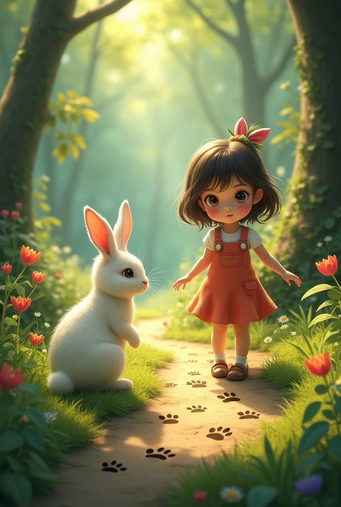 A small girl and rabbit following tiny paw prints on the ground