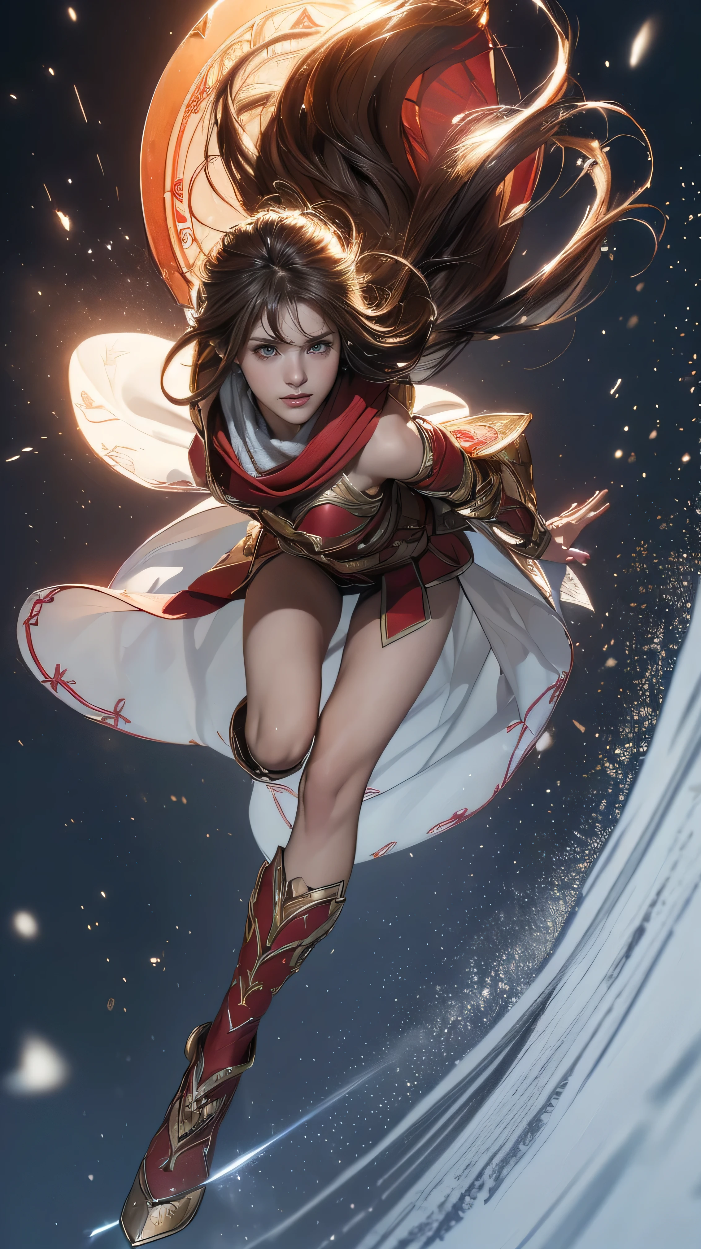 ((Highest quality,4K,High resolution,masterpiece:1.2)),((Character Concept Art)), 1 female, 20-year-old women, ((Shoulder-length brown hair、Hair curled loosely inwards)), (Skin as white as snow), Very detailed eyes (Brown Eye Color), have confidence, beautiful, slim body build, Big Breasts、((Intricate details)), Very finely crafted needles, Very finely crafted fingers(((10 fingers))),(Full-body showcase), (Show whole body),A shy smile、portrait of a woman warrior, rpg portrait concept art, (beautiful warrior, holding short sword and small shield, Wearing a red scarf, leather armor), ((in the terrible battle field_ jumping higher and higher towards us at full speed_shoutiong something like verval words:1.５))))