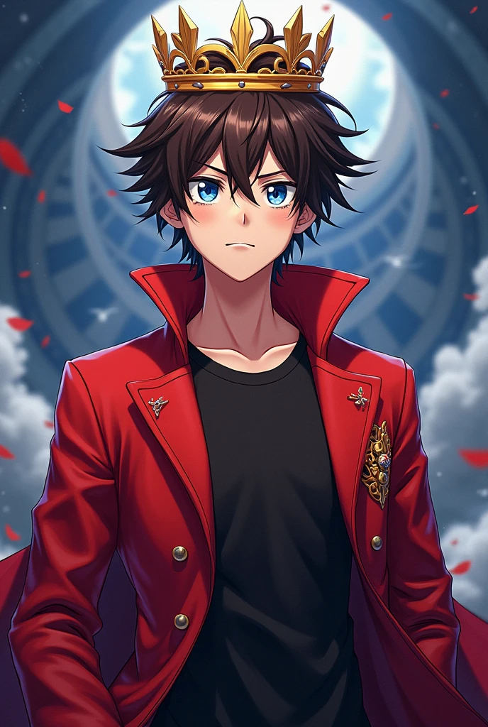 Make a blue eyed brown haired anime boy with a red jacket and crown And make him look badass 