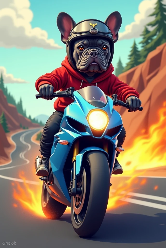Gray French Bulldog wearing a motorcycle helmet, red sweatshirt, riding a blue sport motorcycle. It's a sporty type with wheels on fire, more fire and skulls. Cartoon, on the road.