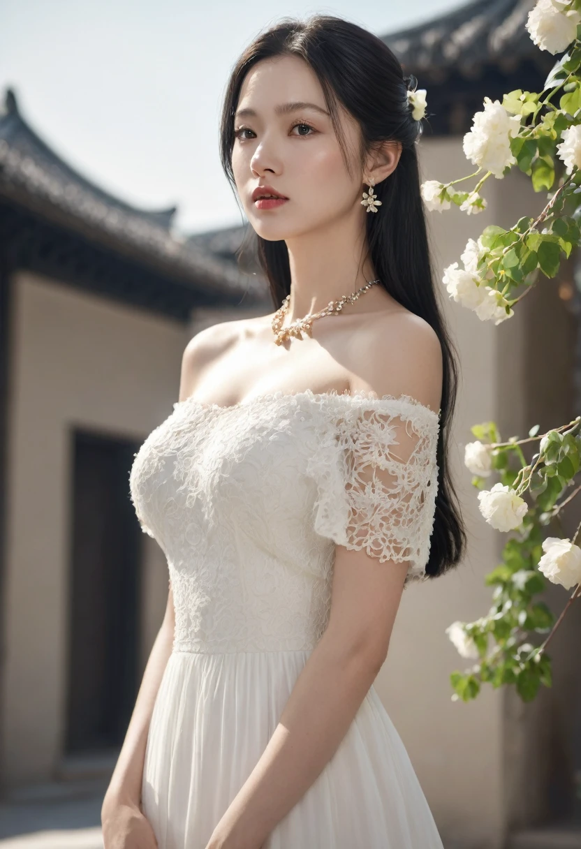yuyibb,YUYIBB,(masterpiece:1.2), (best quality:1.2),(high quality:1.2),(realistic:1.2), (photorealistic:1.2) ,(official art:1.2),(extremely detailed:1.2), Masterpiece, best quality, realism, dress, solo, black hair, white dress, standing posture, front, long hair, blur, bare shoulders, flowers, jewelry, necklace, depth of field, off-the-shoulder dress, off-the-shoulder, chest, looking at the audience in front, collarbone, lips, vines.