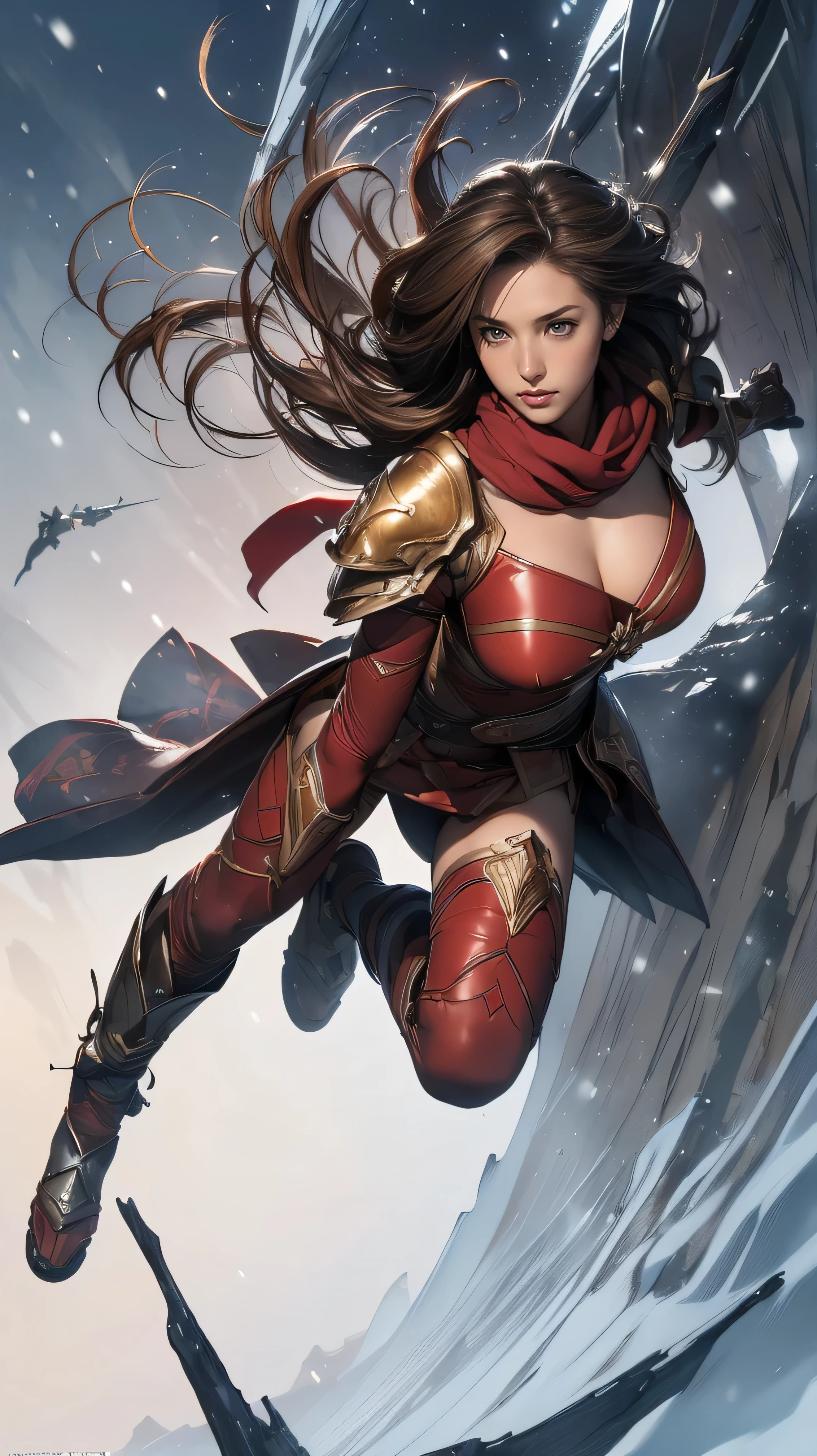 ((Highest quality,4K,High resolution,masterpiece:1.2)),((Character Concept Art)), 1 female, 20-year-old women, ((Shoulder-length brown hair、Hair curled loosely inwards)), (Skin as white as snow), Very detailed eyes (Brown Eye Color), have confidence, beautiful, slim body build, Big Breasts、((Intricate details)), Very finely crafted needles, Very finely crafted fingers(((10 fingers))),(Full-body showcase), (Show whole body),A shy smile、portrait of a woman warrior, rpg portrait concept art, (beautiful warrior, holding short sword and small shield, Wearing a red scarf, leather armor), ((in the terrible battle field_ jumping higher and higher towards us at full speed_shoutiong something like verval words:1.5))))