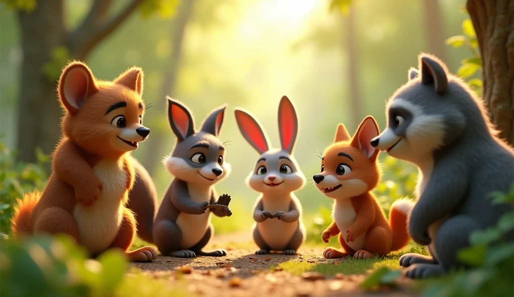 In 3d animation style " The animals nodding in agreement as they discuss how to work together to solve the food shortage problem"