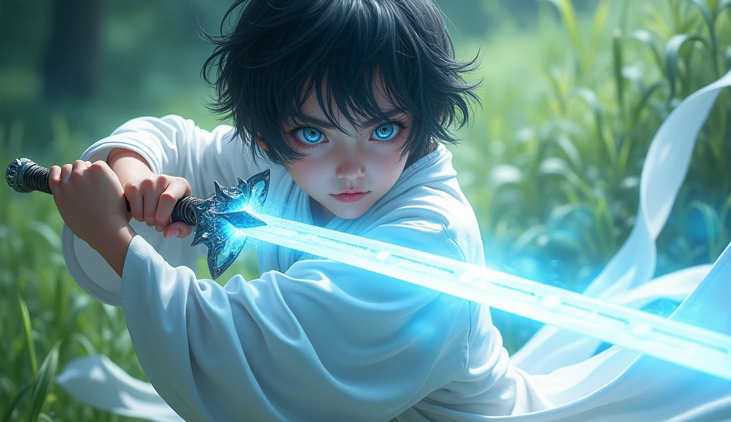 1. Juvenile, full body version, blue eyes, Short hair, Black hair, Very angry expression, white robe, fantasy style clothing, Immortal cultivation robe, The left hand holds a sword，light effect wrapped fairy sword, war posture, grassroots background