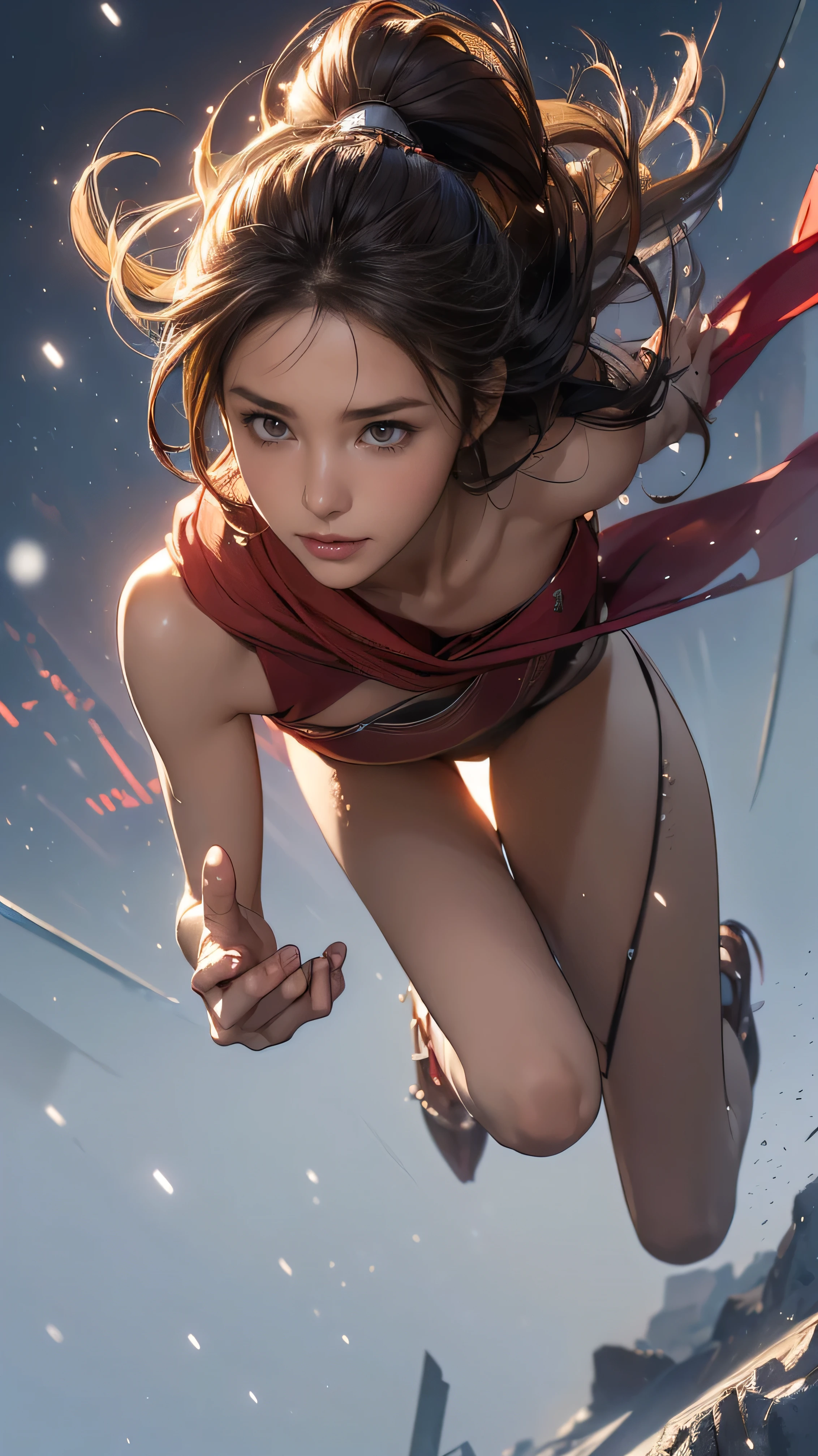 ((Highest quality,4K,High resolution,masterpiece:1.2)),((Character Concept Art)), 1 female, 20-year-old women, ((Shoulder-length brown hair、Hair curled loosely inwards)), (Skin as white as snow), Very detailed eyes (Brown Eye Color), have confidence, beautiful, slim body build, Big Breasts、((Intricate details)), Very finely crafted needles, Very finely crafted fingers(((10 fingers))),(Full-body showcase), (Show whole body),A shy smile、portrait of a woman warrior, rpg portrait concept art, (beautiful warrior, holding short sword and small shield, Wearing a red scarf, leather armor), ((in the terrible battle field_ jumping higher and higher towards us at full speed_shoutiong something like verval words:1.5))))