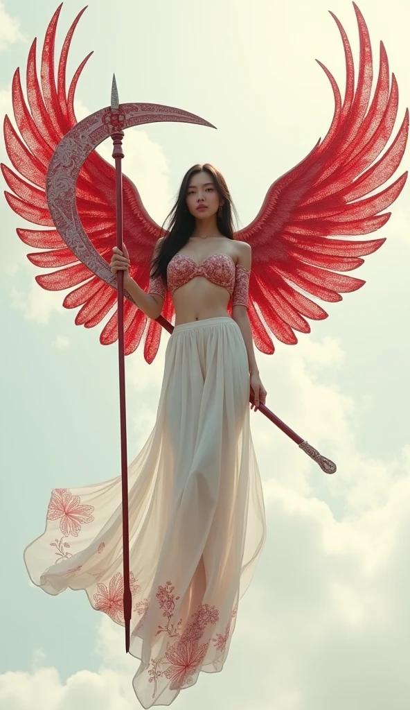  
Naked, nude, topless, A woman wearing a shawl made of used plastic, highlighting large and sexy breasts, soft transparent red and white colour with red and white motifs, with wings like Indonesian garuda, holding a spear, elegant minimalist classic design, wearing a very long white skirt with patterns, above the sky, flying, hovering, with a shooting angle from the front, ((masterpiece, highest quality, Highest image quality, High resolution, photorealistic, Raw photo, 8K)), ((Extremely detailed CG unified 8k wallpaper)), (huge stunning goddess shot, very hot and sexy, jaw-dropping beauty, perfect proportions, beautiful body, slim body beauty:1.4), A girl wielding a huge scythe, movie poster, (a huge scythe:1.5),