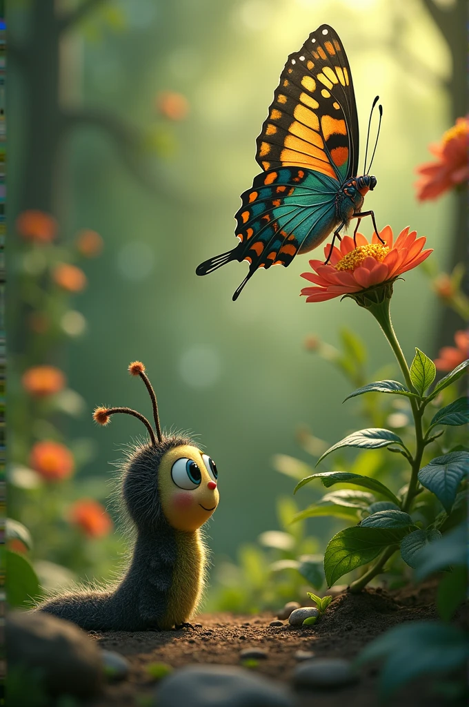Caterpillar looking up at the wise butterfly with hope.