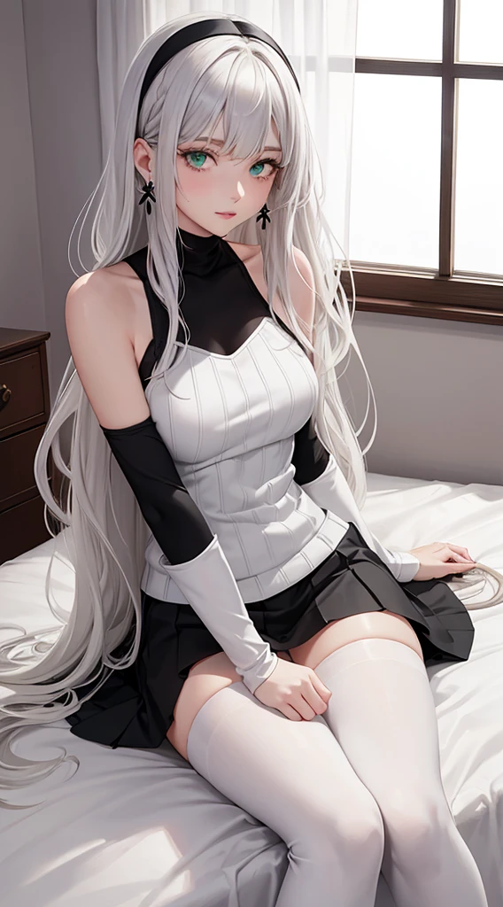 Character Details:, - Gender: 1 Girl.
- Style: Anime, - Body Type: Attractive body, nice body, nice legs, slim tights, nice arms, nice shoulders. - Breast: (medium Breast:1.2)- Facial Feature: Beautiful, Gorgeous, Teenager, Fresh, Young.
- Expression: Small smile, Confident Look, emerald green eyes. - Hairstyle: Blunt Bangs. - Hair Color: (White Grey Hair:1.5), (Straight and Wavy Long Hair:1.3),
- Clothing: (Girly White and Black Sweater, Open Sleeves, Can see shoulder, Girly White and Black Skirt:1.6, Girly Stocking.). - Body Pose: (Sitting on bed:1.3), (Hands down).. - Behaviour: Waiting, Want Something, Secretly.
- Accessories: Earrings, thin Black Headband, Green Hair Accessories, Environmental Details:, - Setting: Bed Room., - Lighting: Natural Light., - Decoration: Modern Bed, Chair, Window, White Curtain, City View. Top view. pov, anime style, UHD, retina, masterpiece, accurate, anatomically correct, textured skin.