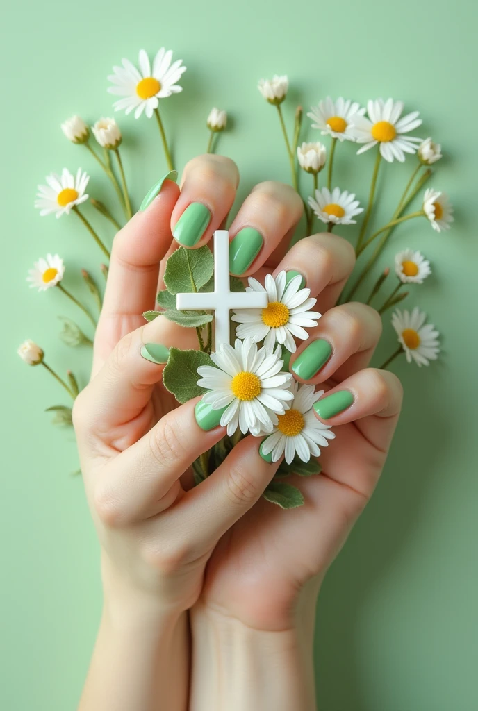 Green nails with daisies and a white Christian cross. 1,5 cm.