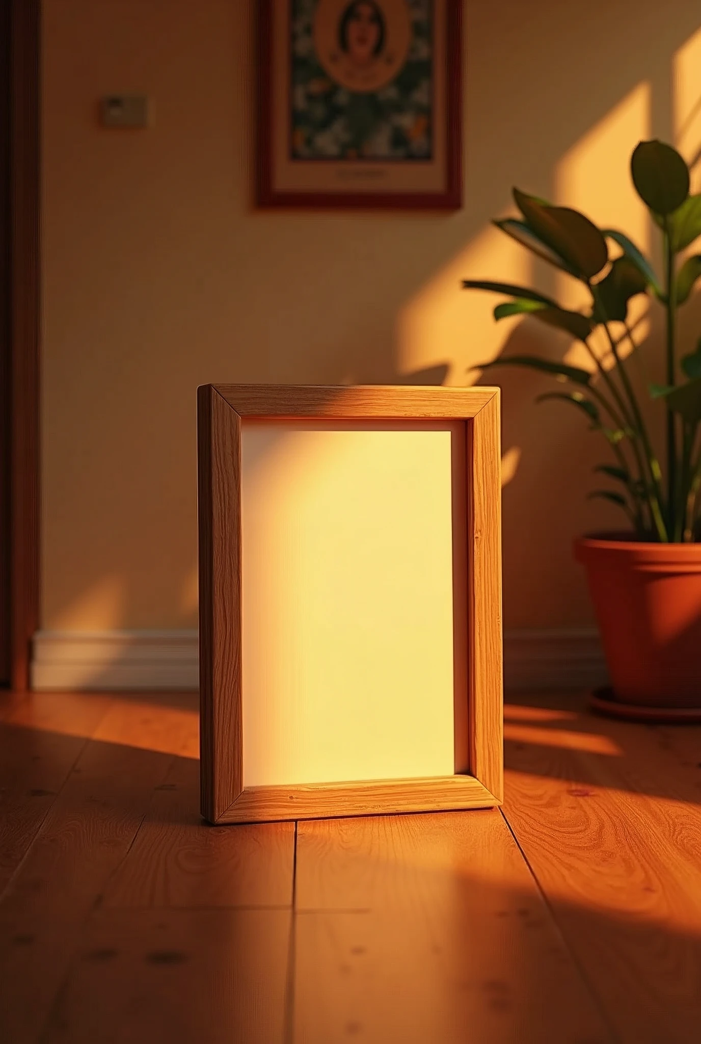 indoor,Wooden floor,Warm,A portrait-oriented rectangular frame,Warm colors