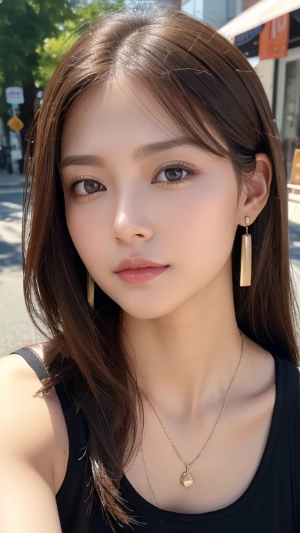 最high quality、masterpiece、High resolution、1 female、necklace、gem、Earrings、Beautiful Face、Body Up、Tyndall effect、Realistic、Rim Light、Two-tone lighting、(High resolutionスキン:1.2)、8k UHD、Digital SLR、Soft lighting、high quality、Volumetric lighting、photograph、High resolution、4K、8k、Brown haired woman、Adult、Small eyes、Perfect Mouth、Highly detailed eyes and mouth、Black natural eyes、Pure brown hair color、lol、Caucasian skin color、White shirt and random color tank top、Hair quality and shine、street、town、road、congestion、
