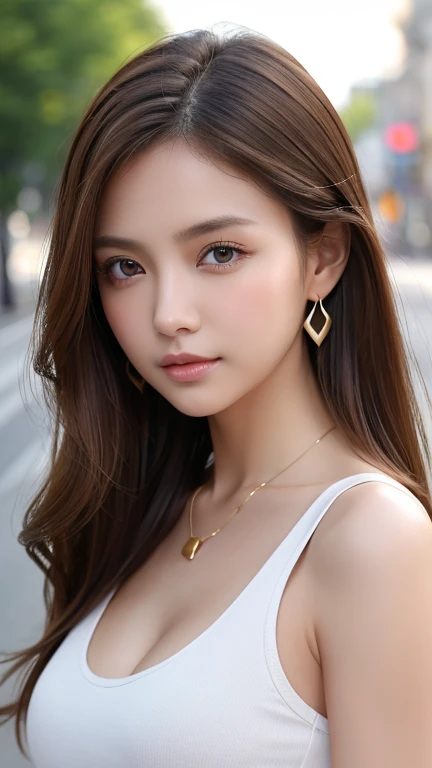 最high quality、masterpiece、High resolution、1 female、necklace、gem、Earrings、Beautiful Face、Body Up、Tyndall effect、Realistic、Rim Light、Two-tone lighting、(High resolutionスキン:1.2)、8k UHD、Digital SLR、Soft lighting、high quality、Volumetric lighting、photograph、High resolution、4K、8k、Brown haired woman、Adult、Small eyes、Perfect Mouth、Highly detailed eyes and mouth、Black natural eyes、Pure brown hair color、lol、Caucasian skin color、White shirt and random color tank top、Hair quality and shine、street、town、road、congestion、