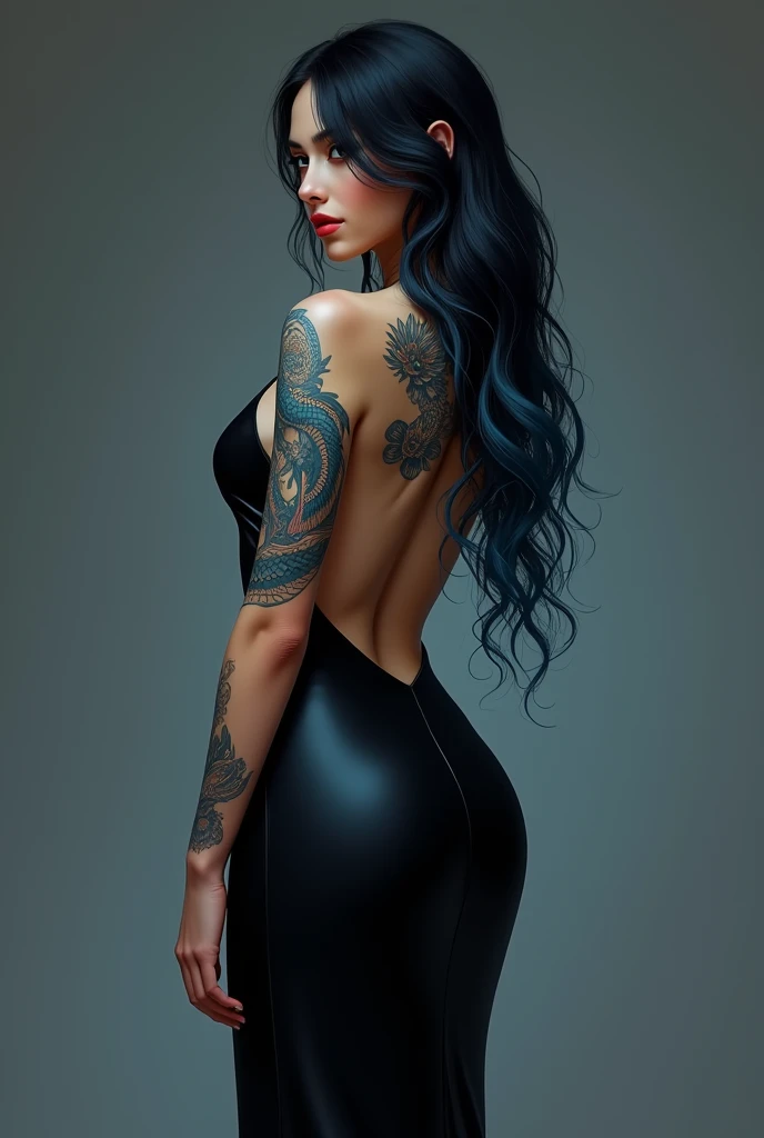 a nineteen-year-old American girl with a statuesque body, wearing a long black dress that is tight to the body with a low-cut back that leaves the blue dragon tattoo design on display, taking up space on the back. Her hair is long and black with light blue at the ends.. Skin color is light.