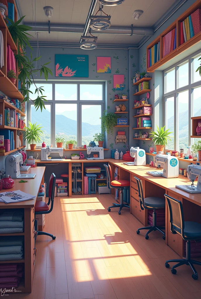 Make me a large sewing workshop room with environmental decoration and various anime pop style elements
