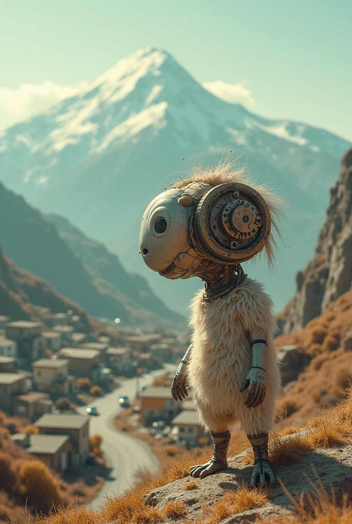 creature with a gear head, mountain and houses on the background, 1960s neighborhood, pastel colors, surreal atmosphere, dreamcore, raw photo, film grain, aerial shot, shot using 1960s camera