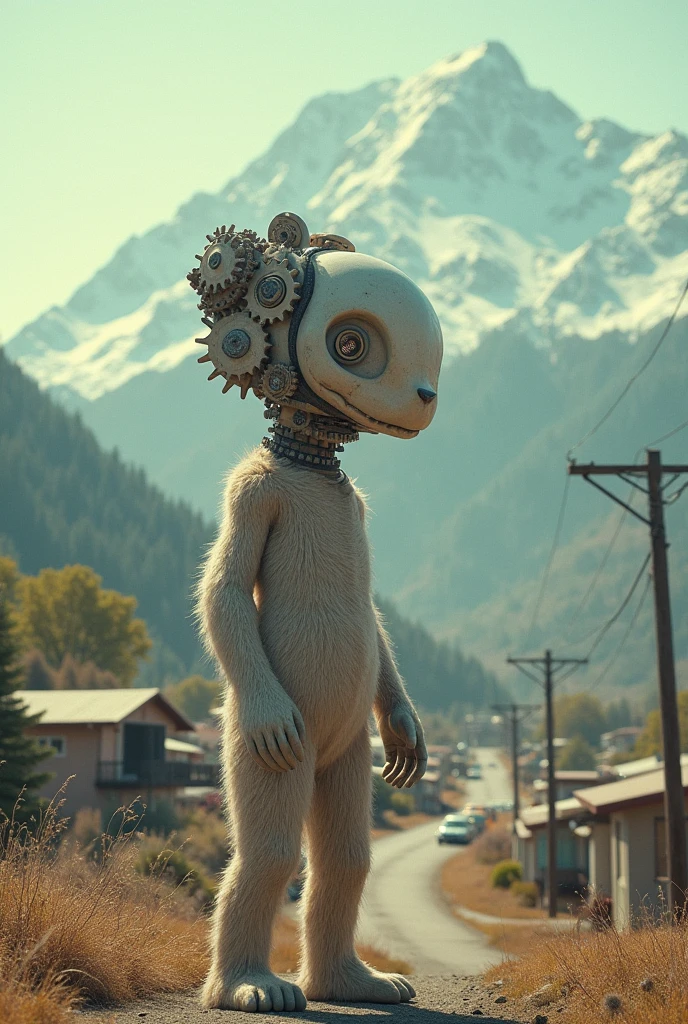 creature with a gear head, mountain and houses on the background, 1960s neighborhood, pastel colors, surreal atmosphere, dreamcore, raw photo, film grain, aerial shot, shot using 1960s camera
