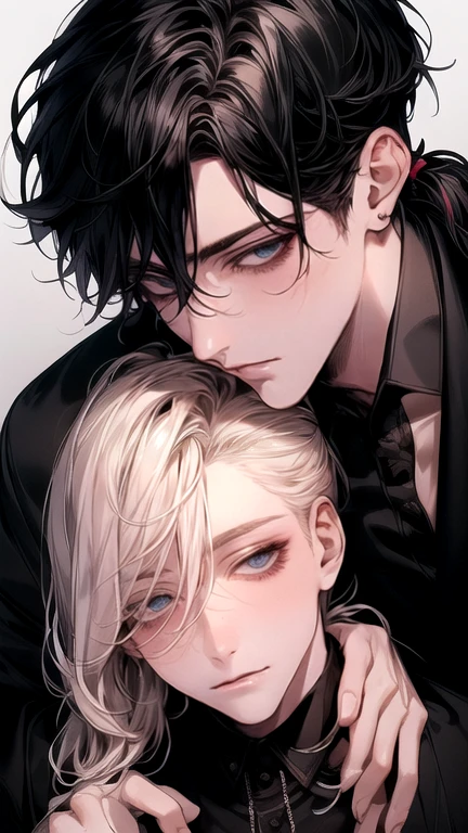 (Masterpiece), (High Quality), Very detailed, (( Threesome guy)), Perfect Face, Beautiful Face, Very detail, (short Black-haired man), (long ponytail blonde-haired man), (mid dark-haired man)、white shirt, open shirt and black suit, chocolate, long eyelashes, shining, effection, open shirt, teased,