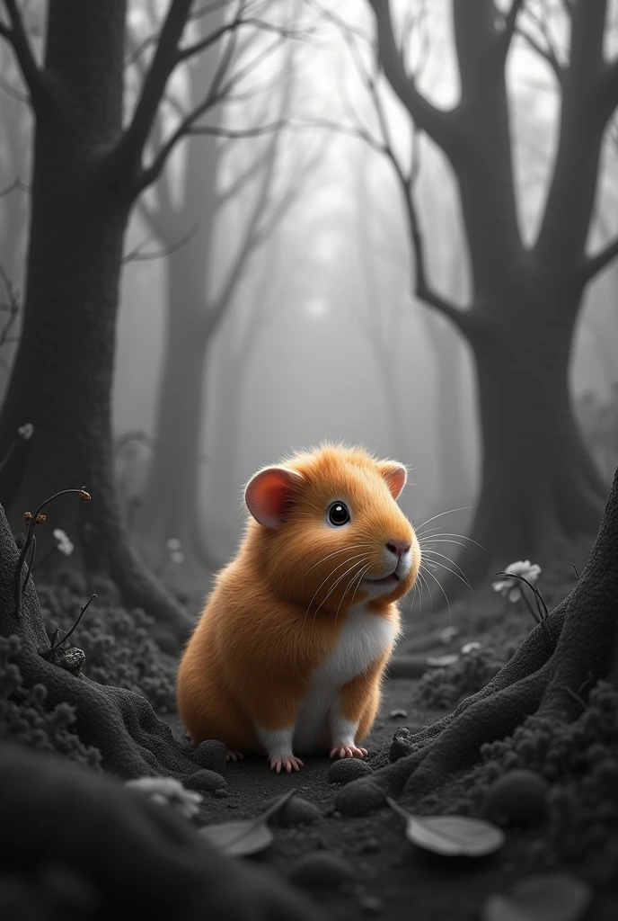 A guinea pig in front of a black and white forest 