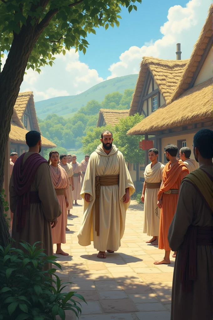 : The Arrival of the SaintA serene village scene with a holy saint arriving at the village. Villagers, curious and respectful, gather around the saint as he walks through the village.