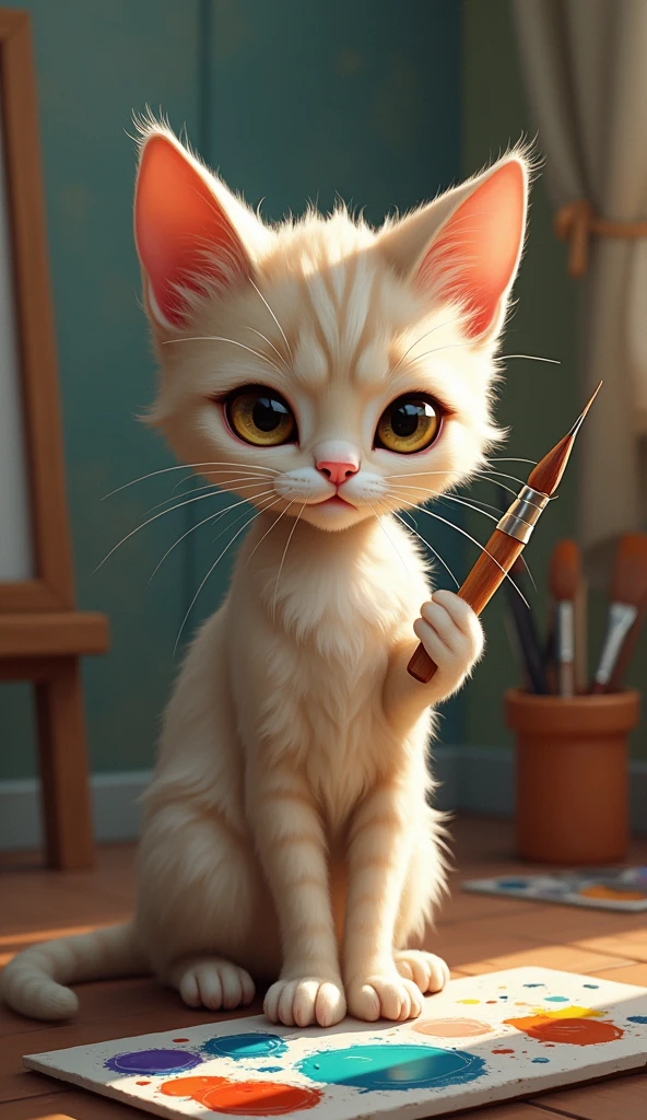 "An artistic cat named Whiskers holding a paintbrush."