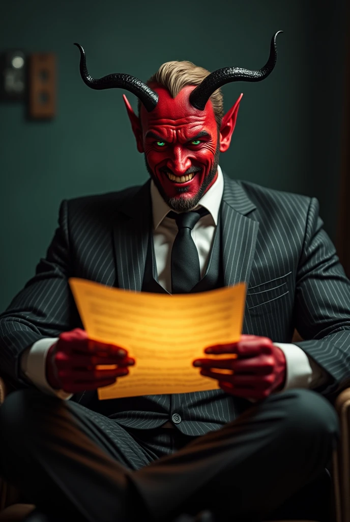 highest quality, 8k, hdr, (head to toe:1.4), Realistic, European male, Bright red skin like a devil, black devil horns, looking at viewer, sea green eyes, sandy brown hair, black goatee, devil lawyer in pinstripe business suit, claw like fingernails, lawyer with condescending smile, evil lawyer, in a dark room, legs crossed, reading a glowing golden contract