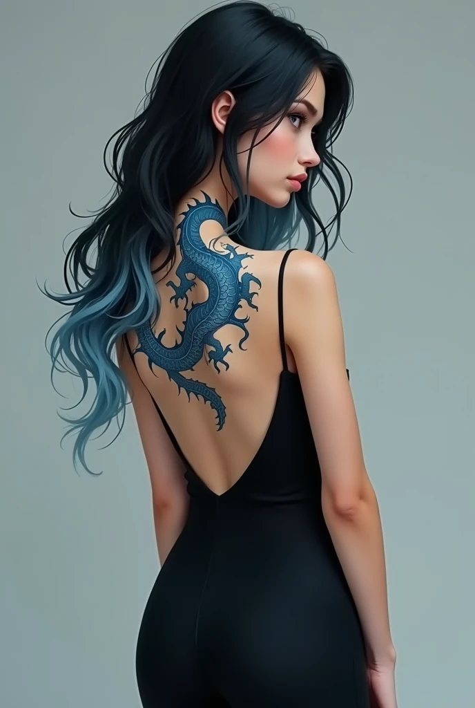 a nineteen-year-old American girl with a statuesque body, wearing a long black dress that is tight to the body with a low-cut back that leaves the blue dragon tattoo design on display, taking up space on the back. Her hair is long and black with light blue at the ends.. Skin color is light.