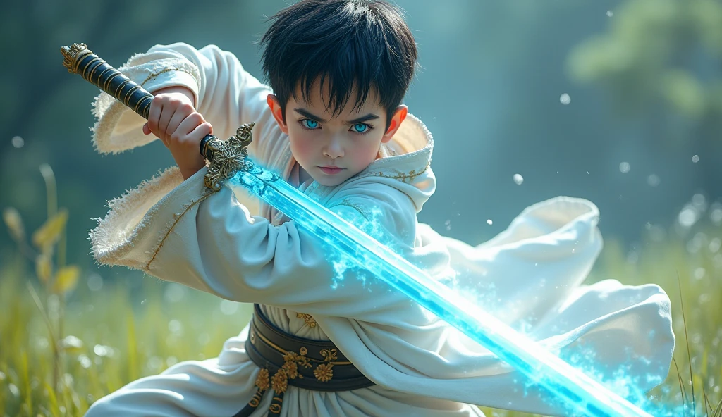 1. Juvenile, full body version, blue eyes, Short hair, Black hair, Very angry expression, white robe, fantasy style clothing, Immortal cultivation robe, The left hand holds a sword,light effect wrapped fairy sword, war posture, grassroots background