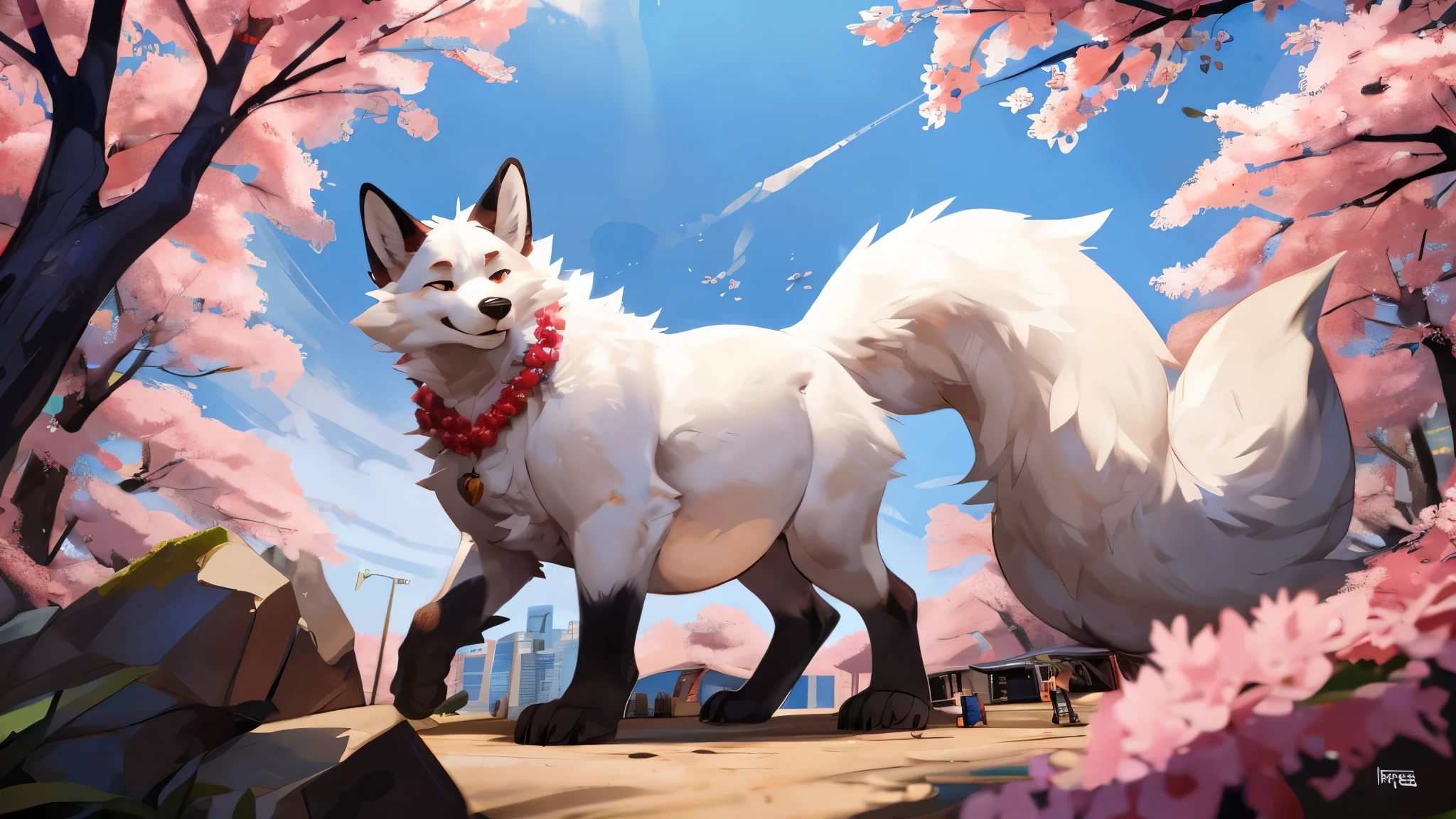 4k ultra quality, 4k full body view,(ultra high detailed body),((feral)) fox,by mystikfox61, by glitter trap boy,feral paws, by bebebebebe,by morethreedee, by seibear,sharp nails,((sfw)),(ultra detailed face),detailed eyes,big tail,fluffy tail,(detailed tail),enomorous tail,bigger tail,huge tail,volumetric light,fluffy paws,(feral focus), beast,(bigger lower body),(long legs),master works, super fine, 4k resolution, high quality,high picture detail,illusory engine, Masterpiece,dire fox,faint lighting,(white fur),((long legs)),( fox),white belly fur,enomorous belly, huge belly, (round belly),(macro),among sakura, crowds,wearing flower necklace,front view