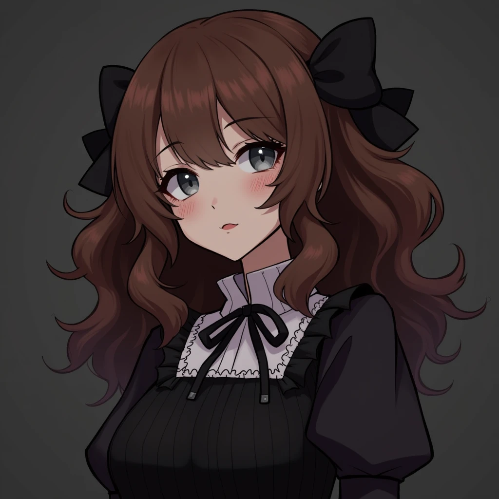 Brown Hair Perm twin
Parallel eyes with gray pupils
Mature look
Large breasts
Dark clothes with frills and cute style
Dark atmosphere
But cute