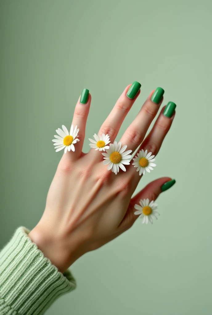 Green nails with daisies. 1,5 cm.