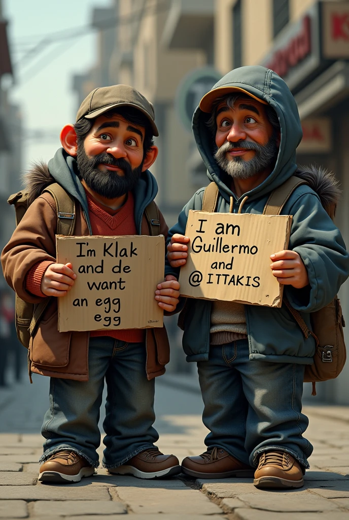 A vagrant holding a sign that says "I'm Klak and I want an egg" Behind another holding a sign that says " I am Guillermo and I like @takis" Everything in Spanish