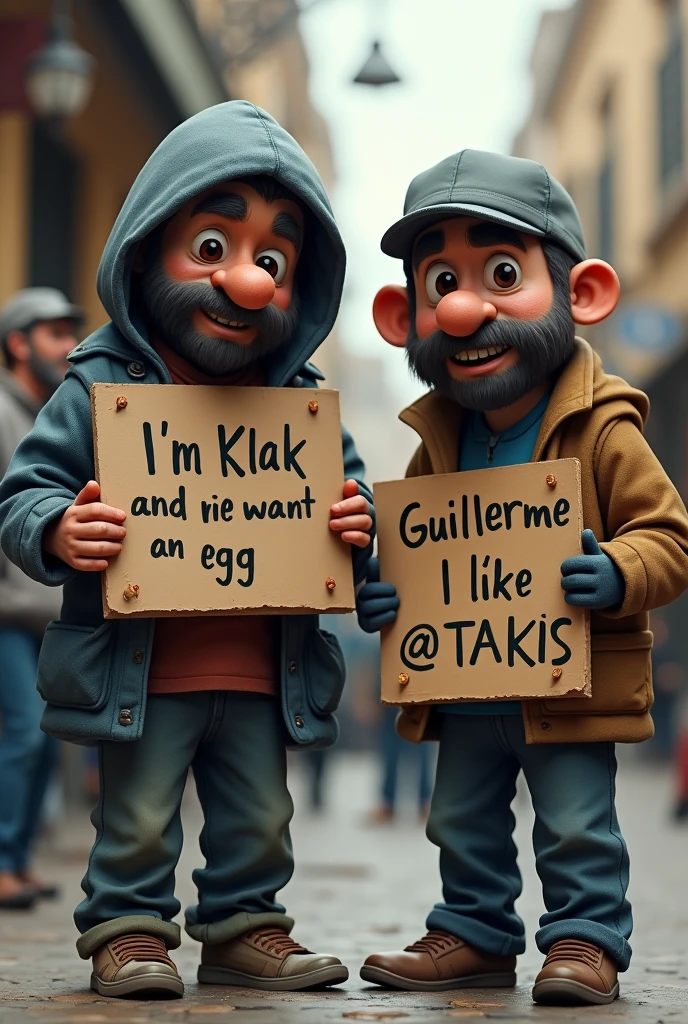 A vagrant holding a sign that says "I'm Klak and I want an egg" Behind another holding a sign that says " I am Guillermo and I like @takis" Everything in Spanish