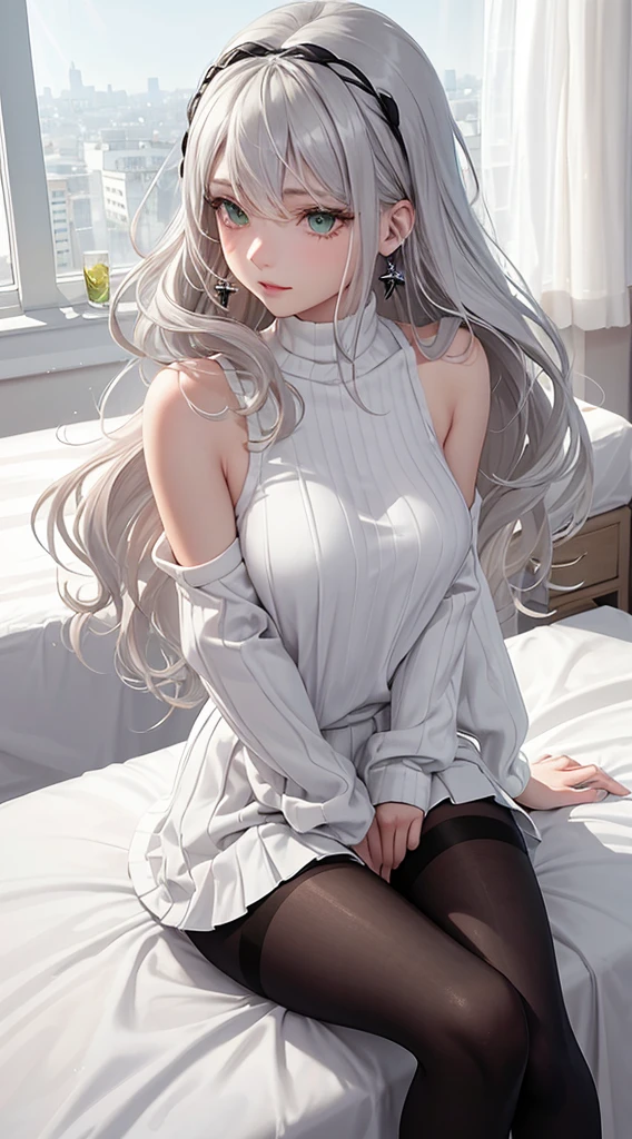 Character Details:, - Gender: 1 Girl. - Style: Anime, - Body Type: Attractive body, nice body, nice legs, slim tights, nice arms, nice shoulders. - Breast: (medium Breast:1.2)- Facial Feature: Beautiful, Gorgeous, Teenager, Fresh, Young. - Expression: Small smile, Confident Look, emerald green eyes. - Hairstyle: Blunt Bangs. - Hair Color: (White Grey Hair:1.5), (Straight and Wavy Long Hair:1.3), - Clothing: (Girly White Sweater, Open Sleeves, Can see shoulder, Girly White and Black Skirt:1.6, Girly Stocking.). - Body Pose: (Sitting on bed:1.3), (Hands down).. - Behaviour: Waiting, Want Something, Secretly. - Accessories: Earrings, thin Black Headband, Green Hair Accessories, Environmental Details:, - Setting: Bed Room., - Lighting: Natural Light., - Decoration: Modern Bed, Chair, Window, White Curtain, City View. Top view. pov, anime style, UHD, retina, masterpiece, accurate, anatomically correct, textured skin.