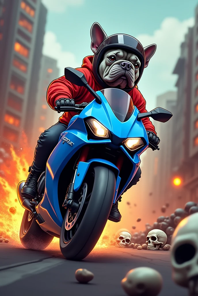 Gray French Bulldog with a motorcycle helmet, red sweatshirt on a blue sports bike, tires on fire, more fire and skulls, cartoon style, on streets with apocalyptic skulls 
