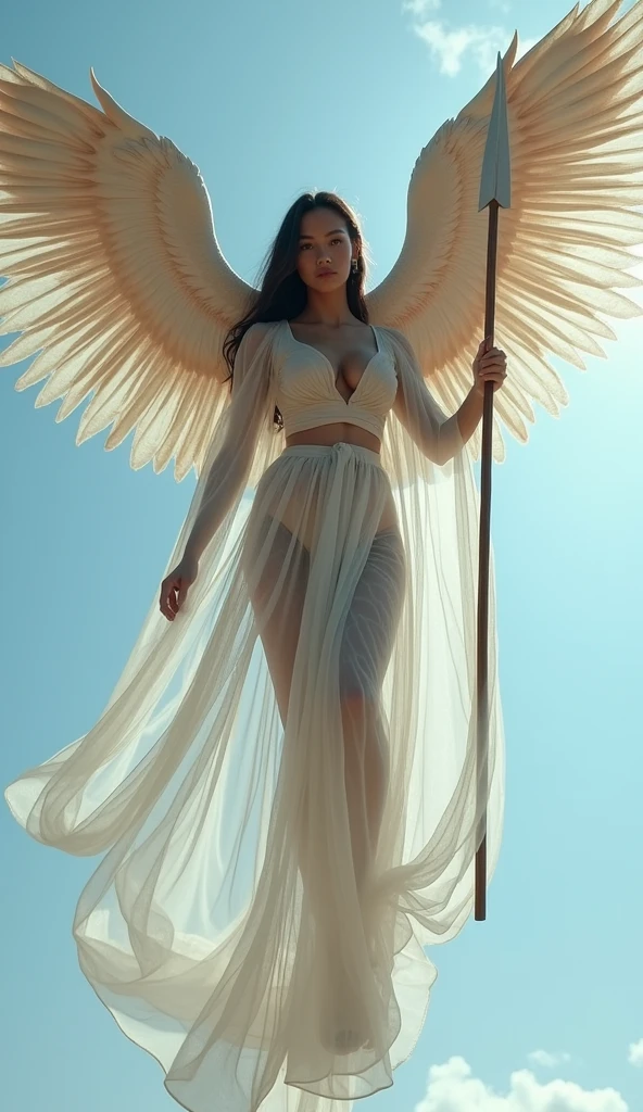 Naked, nude, topless, A woman wearing a ransparent shawl made of used plastic, large and sexy breasts, with wings like Indonesian garuda, holding a spear, wearing a very long white skirt with patterns, above the sky, flying, hovering, with a shooting angle from the front, very realistic, (complex detail: 0.9), (hdr, hyperdetail: 1.2), RAW, Sony Alpha a9 II, 24-105mm f/4, HDR,