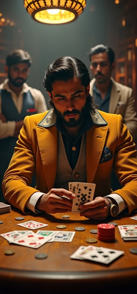 Retro bar,(best quality, high resolution, HDR, Practical), Bright colors, Extremely detailed description, (Concept Artist), A handsome Indian man holds vintage playing cards.,Fierce competition,Dramatic visuals,an antique Indian wooden table,The Indian players stand behind and watch the game.,Indian players wearing stylish vintage clothing, The impact of the background,Paper money coins chips,vintage poker coins, Smoky room, Dim Lights, Happy expression, Focused competition,(portrait:1.1) ,