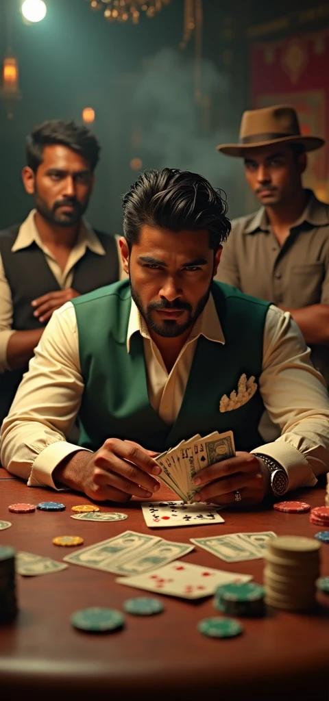 Retro bar，(best quality, high resolution, HDR, Practical), Bright colors, Extremely detailed description, (Concept Artist), A handsome Indian man holds vintage playing cards.，Fierce competition，Dramatic visuals，an antique Indian wooden table，The Indian players stand behind and watch the game.，Indian players wearing stylish vintage clothing, The impact of the background，Paper money coins chips，vintage poker coins, Smoky room, Dim Lights, Happy expression, Focused competition，(portrait:1.1) ，