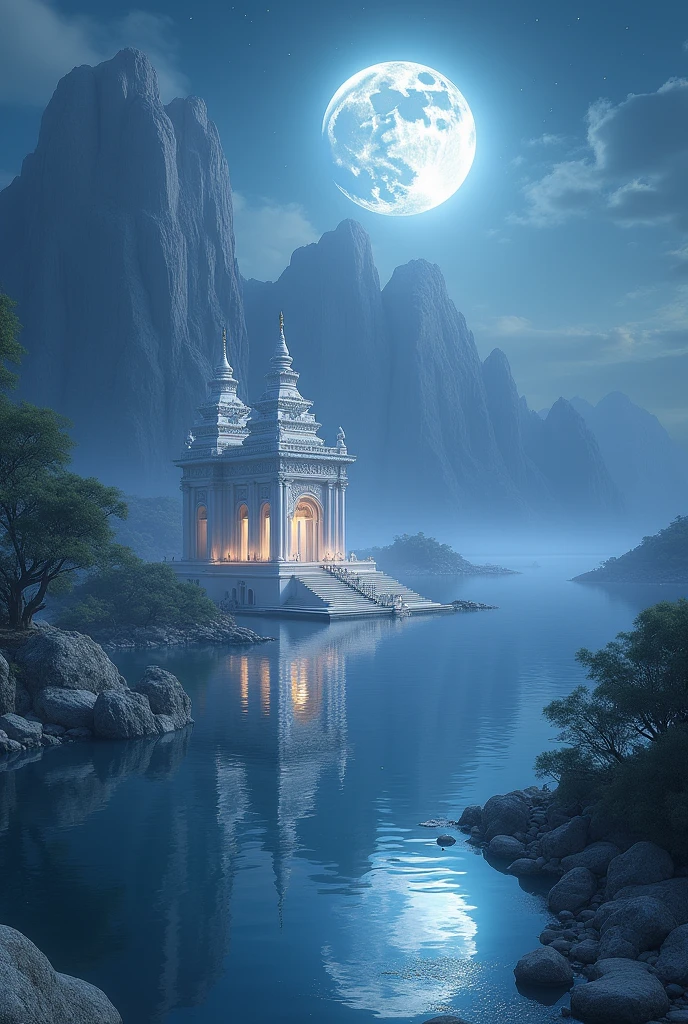 masterpiece,Highest quality,8K,Mysterious lake,White Temple,Impressive scene,night,moon