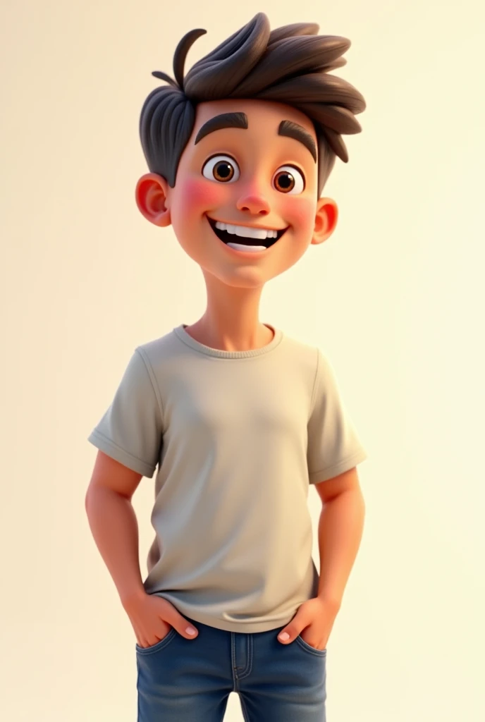 I want a person wearing a casual clothes and smiling and laughing it’s should be a boy and some ego should be depicting on his face and he is standing