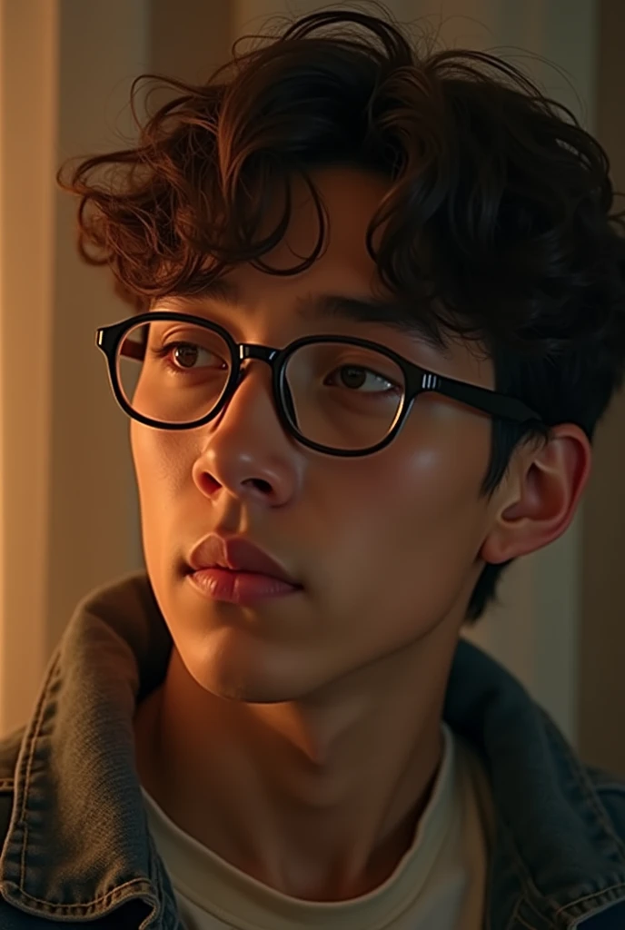 Design a visually appealing photograph of a young man with curly hair and glasses, That conveys a feeling of longing and affection. The image should portray the man lost in thought, With a subtle expression that suggests he is thinking about the love of his life. The background should be blurred or soft, To emphasize the intimacy of the moment. In the caption or thought bubble, Write a verse that reflects the man's thoughts. The poem should read as follows: “Every night I think about being with the love of my life. Even though you are far away, I feel you are here. Between screens and words, “Love is made, Even miles away, You bring me peace”. The poem should be presented in a cursive and clean font, With a subtle glow or shimmer effect to convey the emotions and sentimental value. The overall aesthetic should be warm, Comforting and characteristic of a romantic and intimate moment.” This modified suggestion provides a clear and concise description of the intended image, Including the details of the theme, The scenery and the tone.