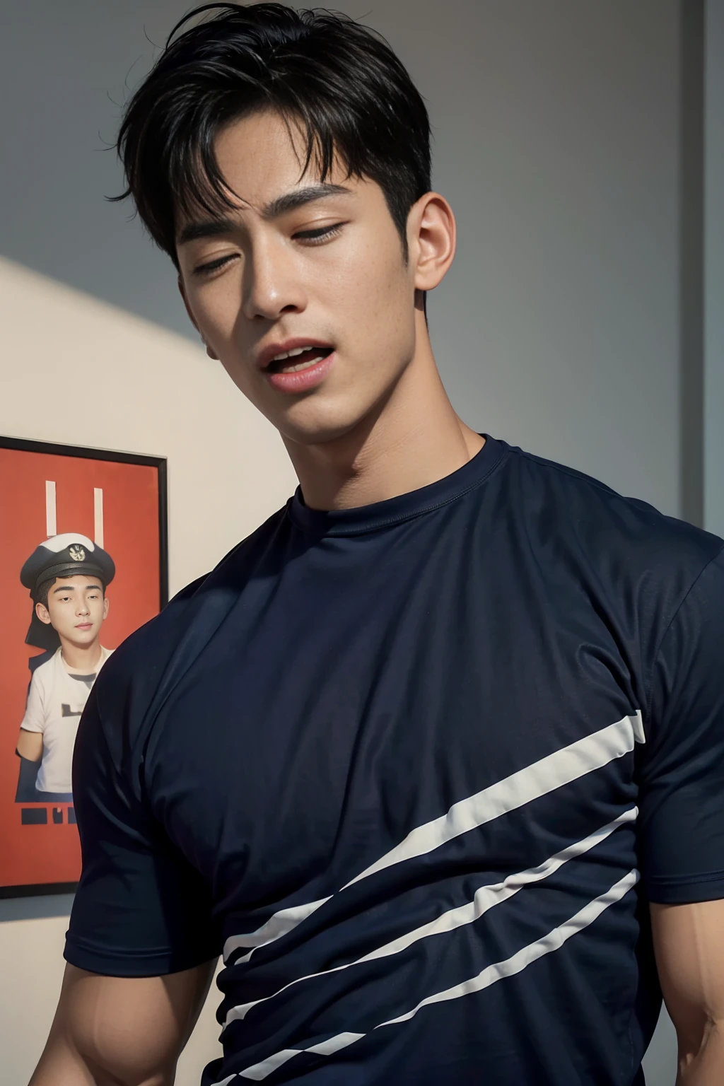 (Create a masterpiece: 1.2),(CGI art:1.3),(realistic:1.5),(After processing:1.3), (Sharp focus:1.3), 1 man, open mouth, smile, (Navy blue round neck t-shirt:1.3), Navy cargo pants, Korean guy , korean men, (High gloss details), chest muscles, large arm muscles, blood vessel, Big muscles, Broad shoulders, looking at the audience, Balancing the eyes, bedroom, Close your eyes.,(open mouth:1.1)
