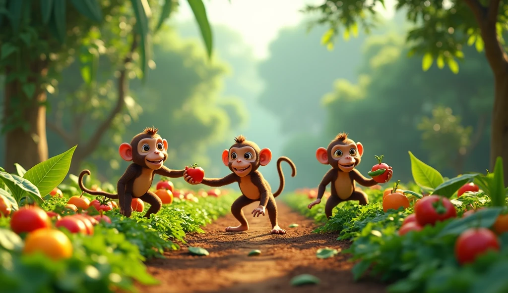 In 3d animation style " Monkeys skillfully harvesting fruits and vegetables from a well-tended farm in the jungle"
