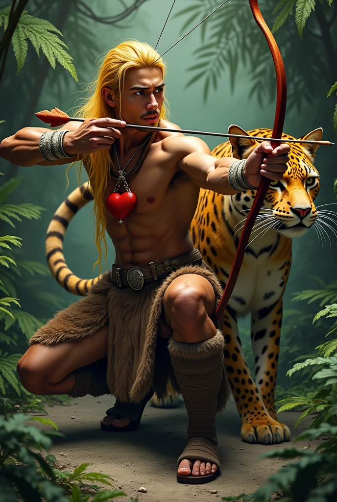 Handsome guy , Korean. He has very dark skin., yellow hair that reaches his waist with a side fringe. He has very masculine facial features. He is shirtless, in brown fur trousers and hoof-like shoes. He has a red heart pendant on his chest. He is squatting and shooting an arrow from a bow. Next to him, a kind jaguar. The background is dense thick ferns.